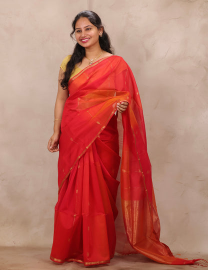 Orange Handloom Maheswari Silk Cotton Sarees | Looms & Tassels