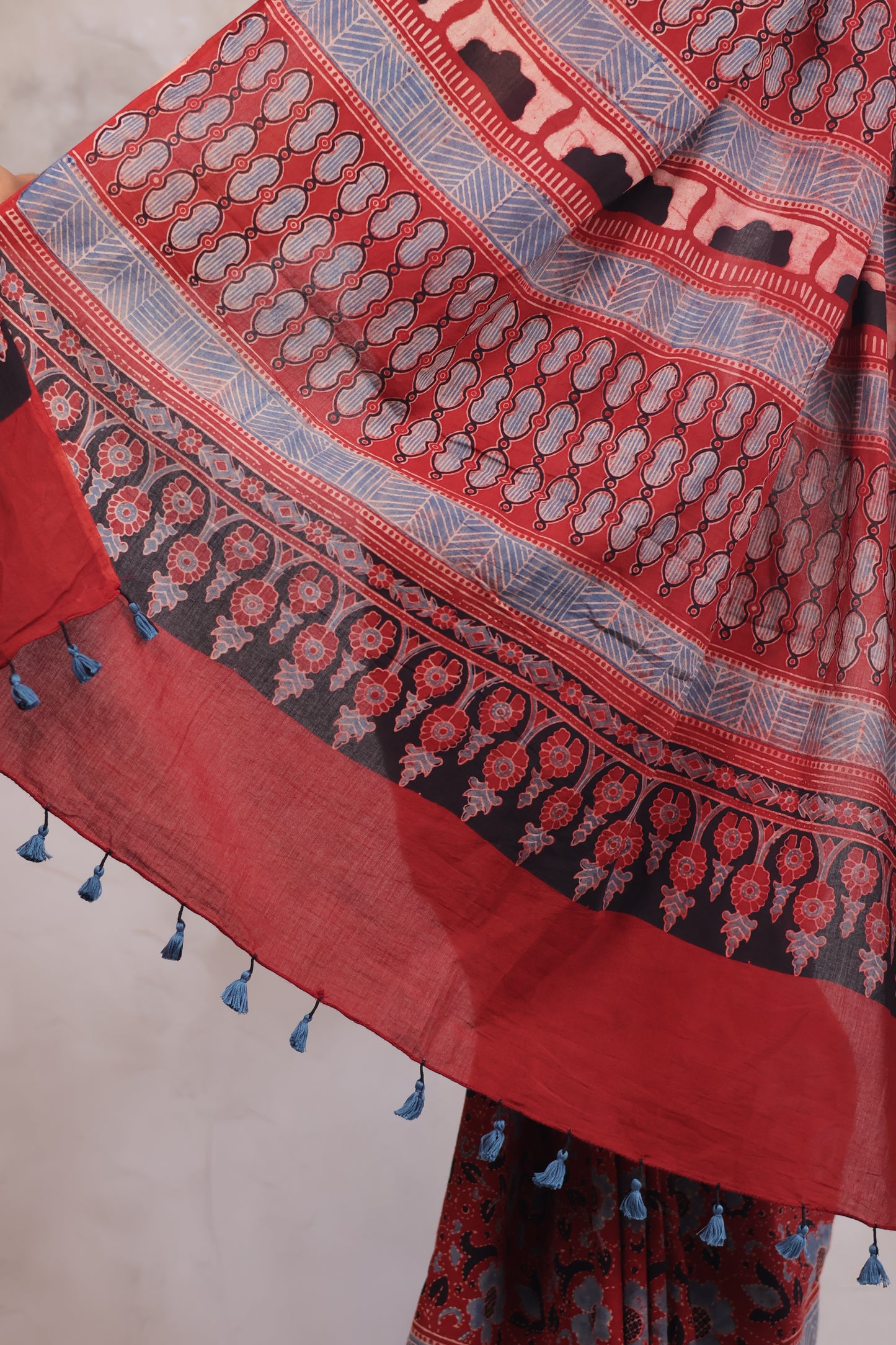 Red Ajrakh Hand Block Printed Mul Cotton Saree | Looms & Tassels