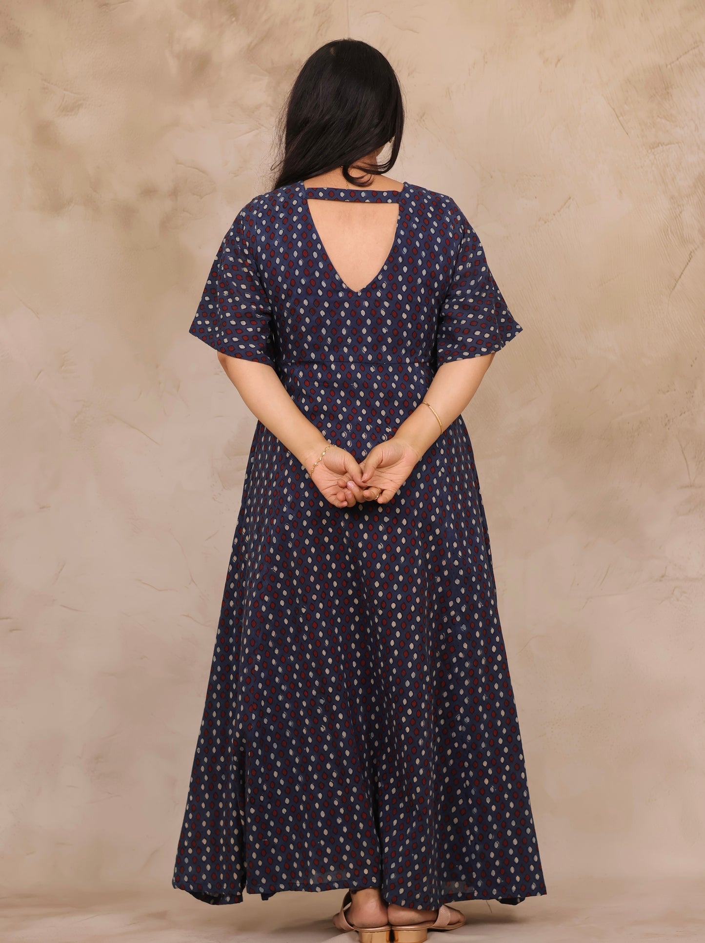 Indigo Blue Hand Block Printed Pure Mul Cotton Maxi Dress | Looms & Tassels