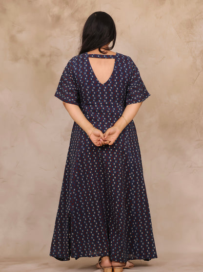 Indigo Blue Hand Block Printed Pure Mul Cotton Maxi Dress | Looms & Tassels