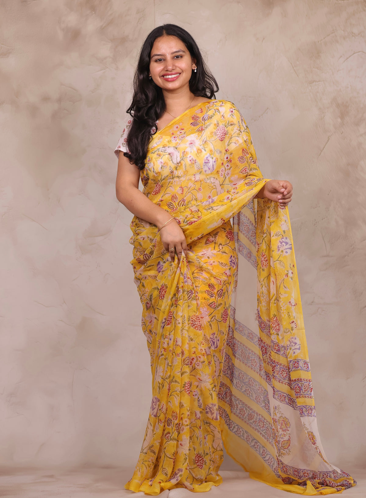 Yellow Chiffon Hand Block Printed Saree | Looms & Tassels