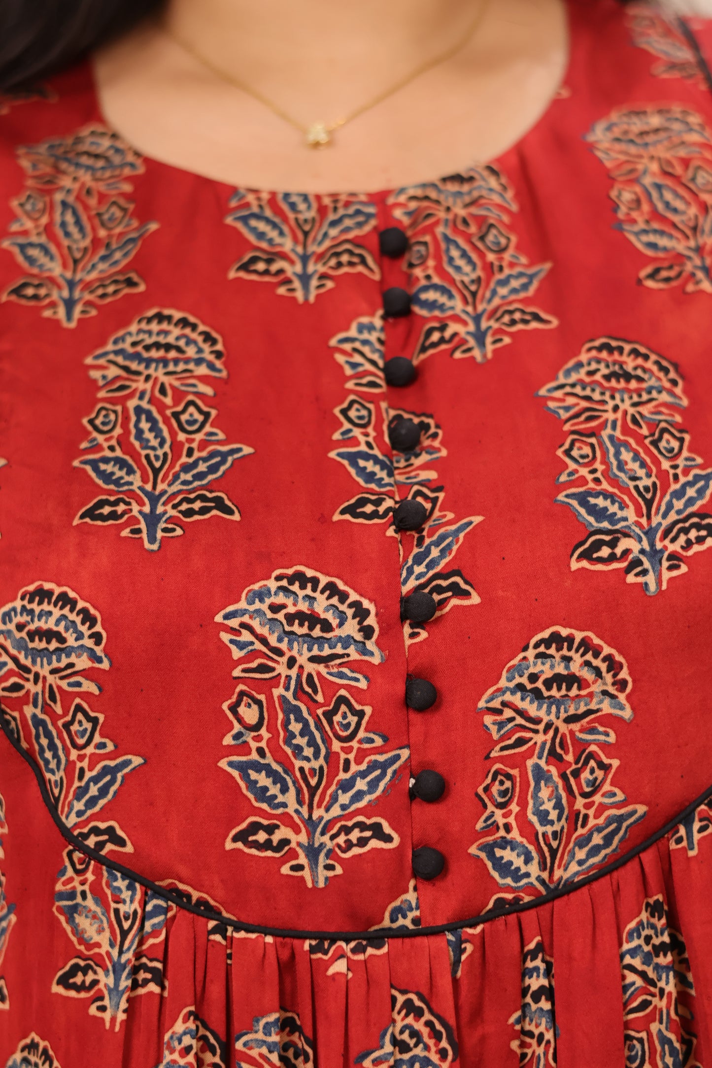Red Ajrakh Modal Silk Aline Dress | Looms & Tassels