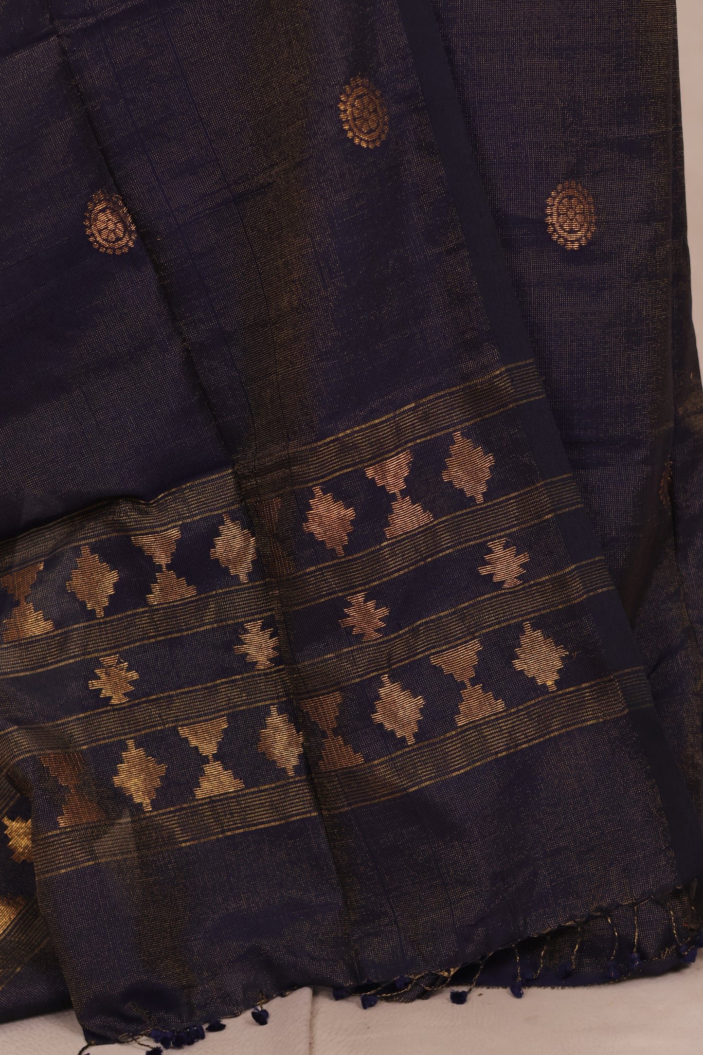 Navy Blue Handwoven Jamdhani weaving Tissue Linen 2 piece suit sets | Looms & Tassels
