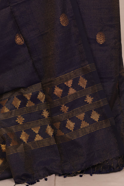 Navy Blue Handwoven Jamdhani weaving Tissue Linen 2 piece suit sets | Looms & Tassels