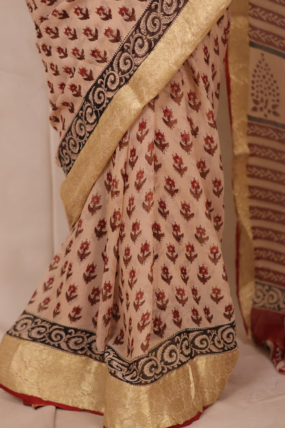 Cream Chiffon Hand Block Printed Saree with Jari Border | Looms & Tassels