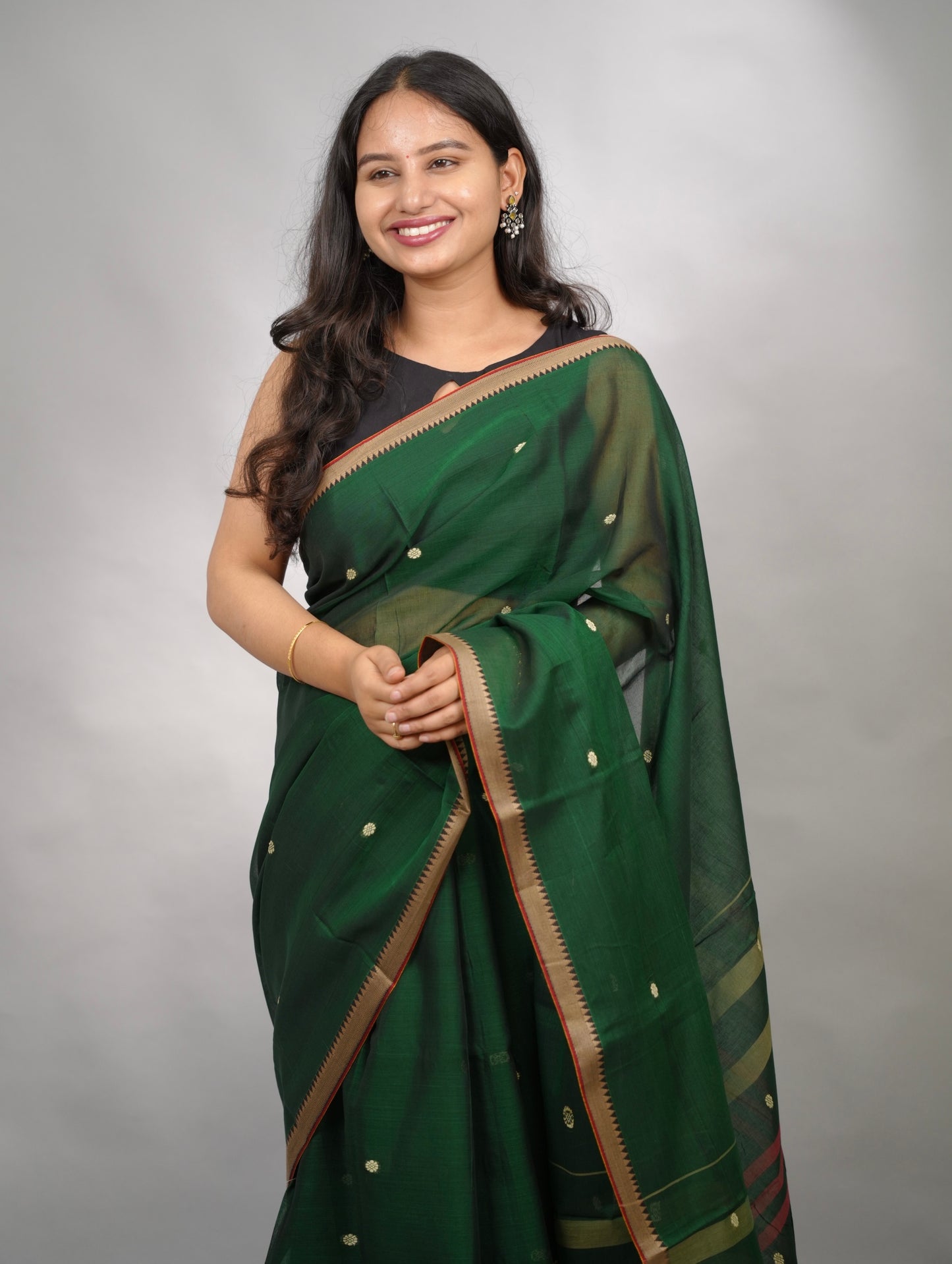 Green Narayanpet Cotton Saree With Butta Weaving | Looms & Tassels