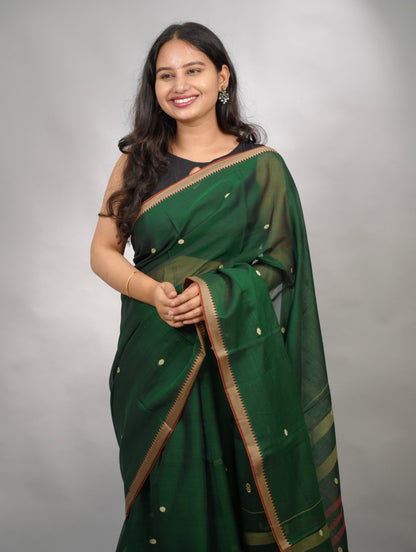 Green Narayanpet Cotton Saree With Butta Weaving | Looms & Tassels