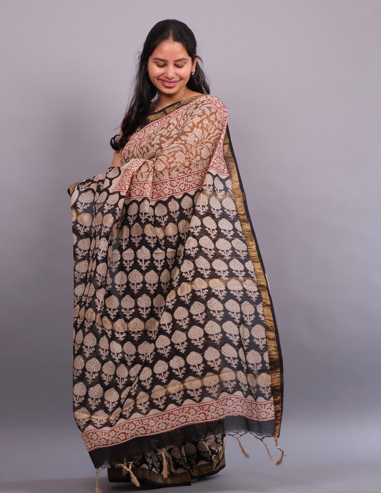 Bagru Hand Block Printed Maheswari Silk Cotton Saree