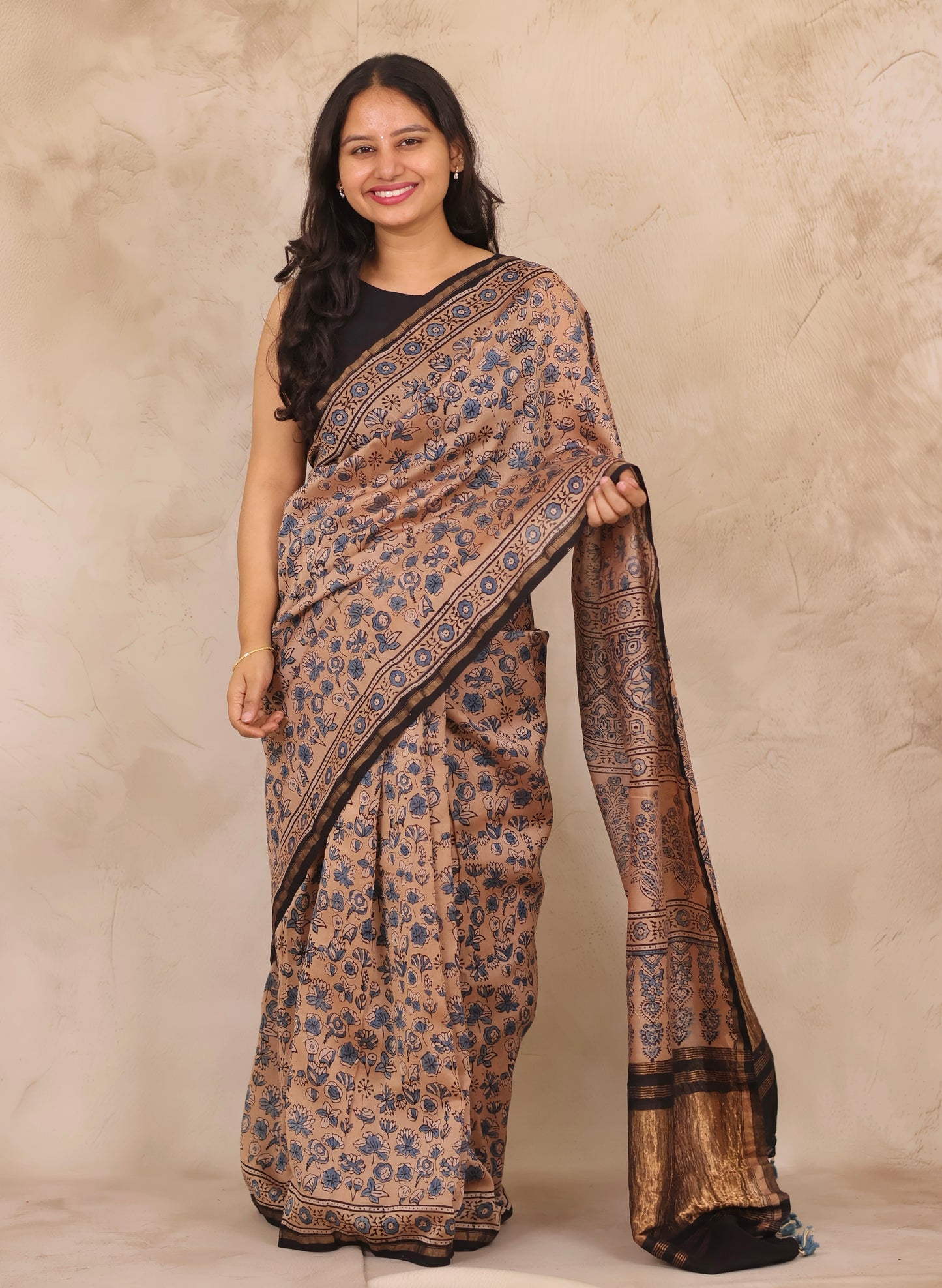 Maheswari Silk Cotton Ajrakh Handblock Printed Saree | Looms & Tassels