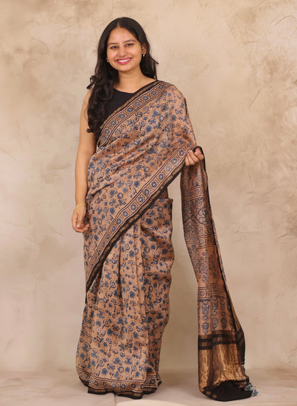 Maheswari Silk Cotton Ajrakh Handblock Printed Saree | Looms & Tassels