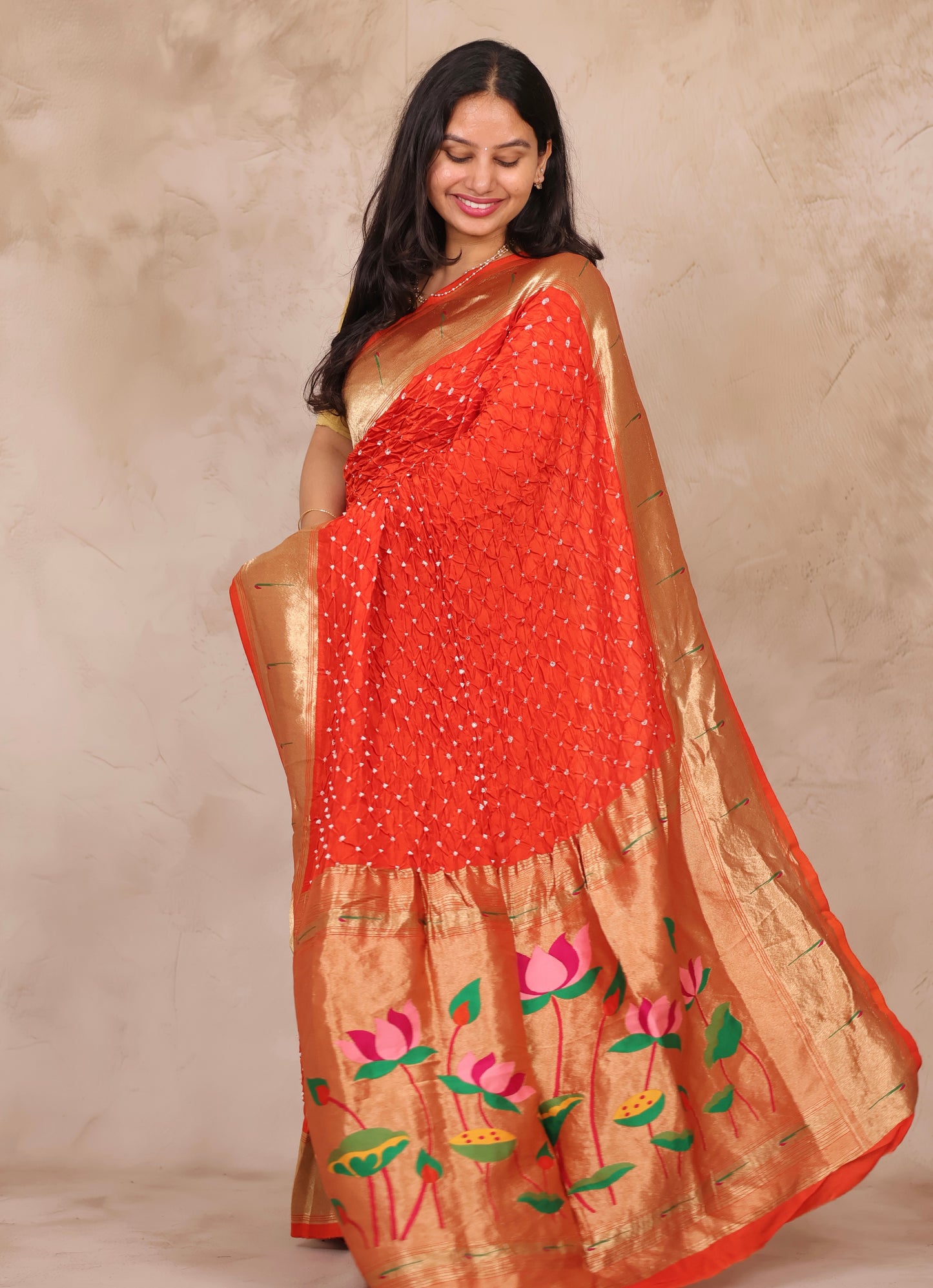 Orange Handcrafted Bandhani Paithani Dola Silk Saree | Looms & Tassels