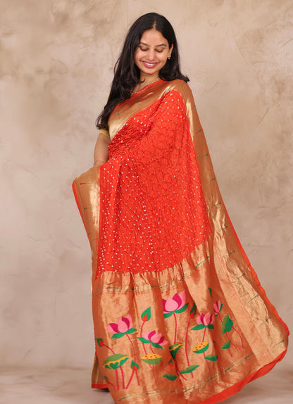Orange Handcrafted Bandhani Paithani Dola Silk Saree | Looms & Tassels