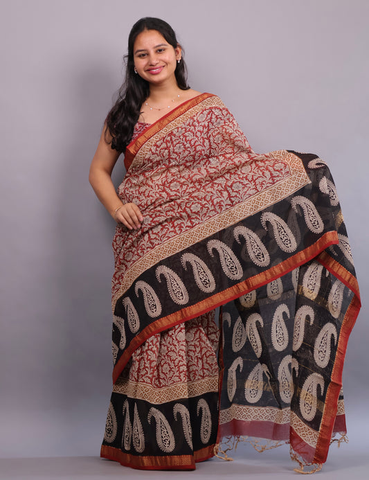 Red & Black Bagru Hand Block Printed Maheswari Silk Cotton Saree