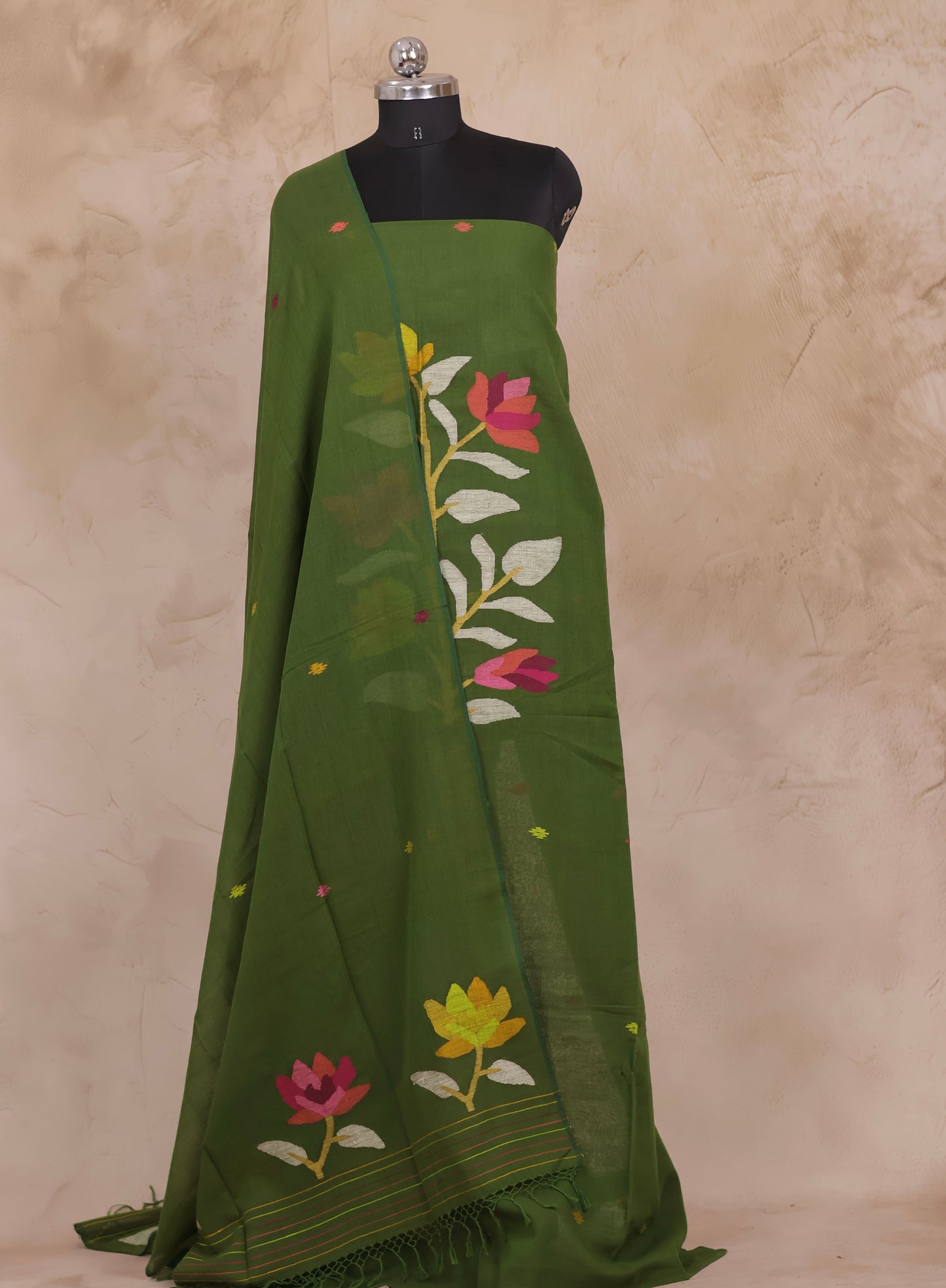 Green Handwoven Jamdhani weaving pure Malai cotton 2 piece suit sets | Looms & Tassels