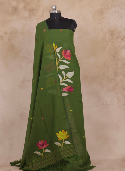 Green Handwoven Jamdhani weaving pure Malai cotton 2 piece suit sets | Looms & Tassels