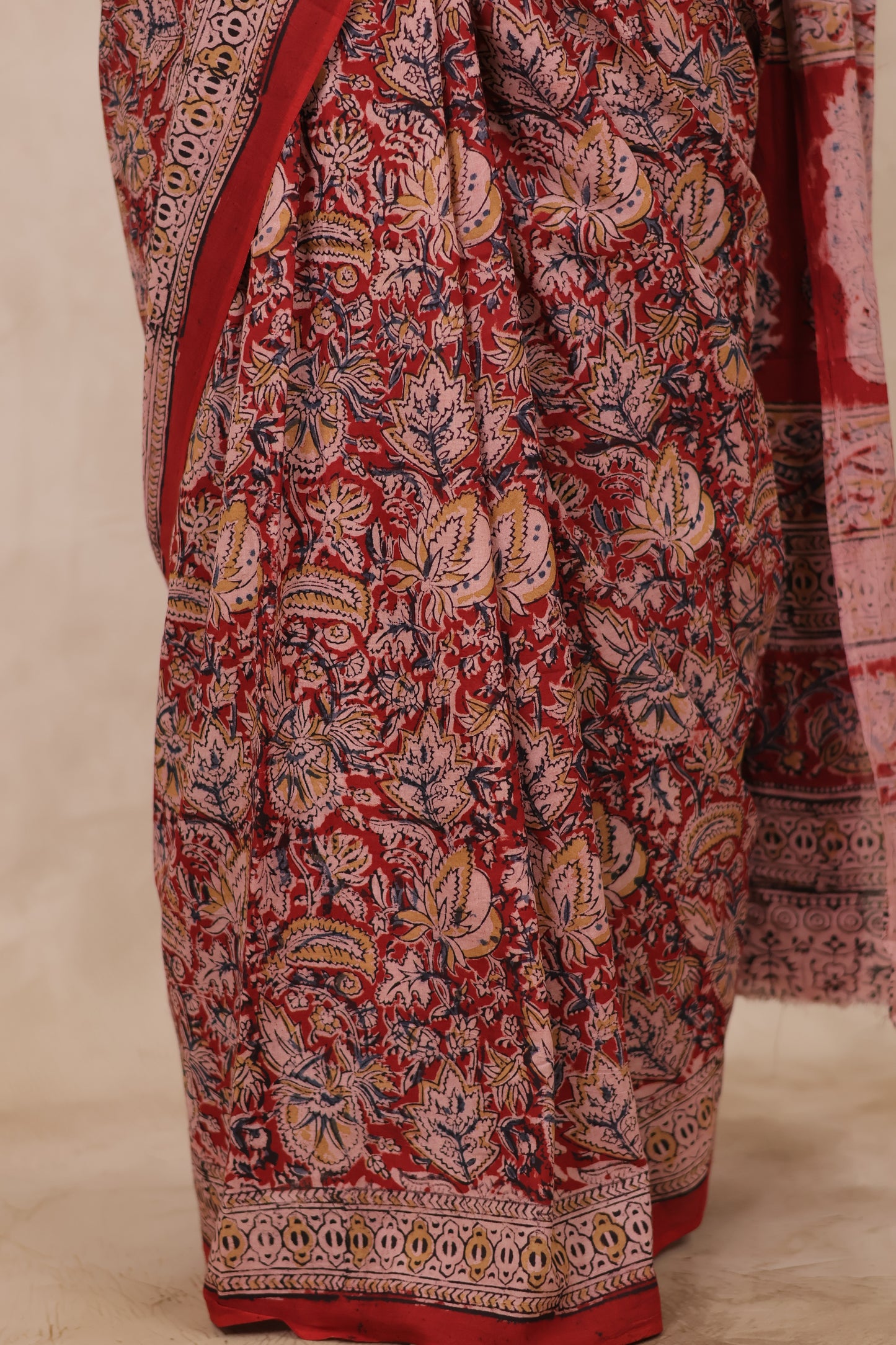 Red Hand Block Printed Kalamkari Cotton Saree | Looms & Tassels