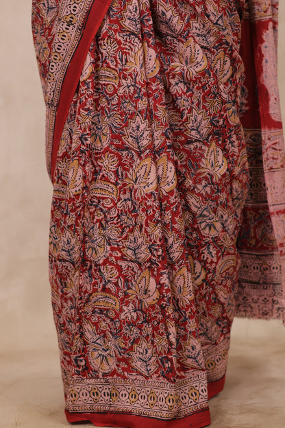 Red Hand Block Printed Kalamkari Cotton Saree | Looms & Tassels