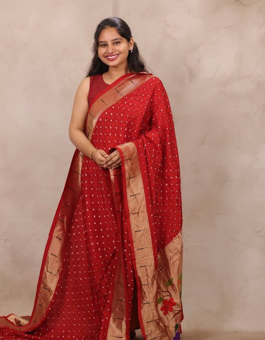Red Handcrafted Bandhani Paithani Dola Silk Saree | Looms & Tassels