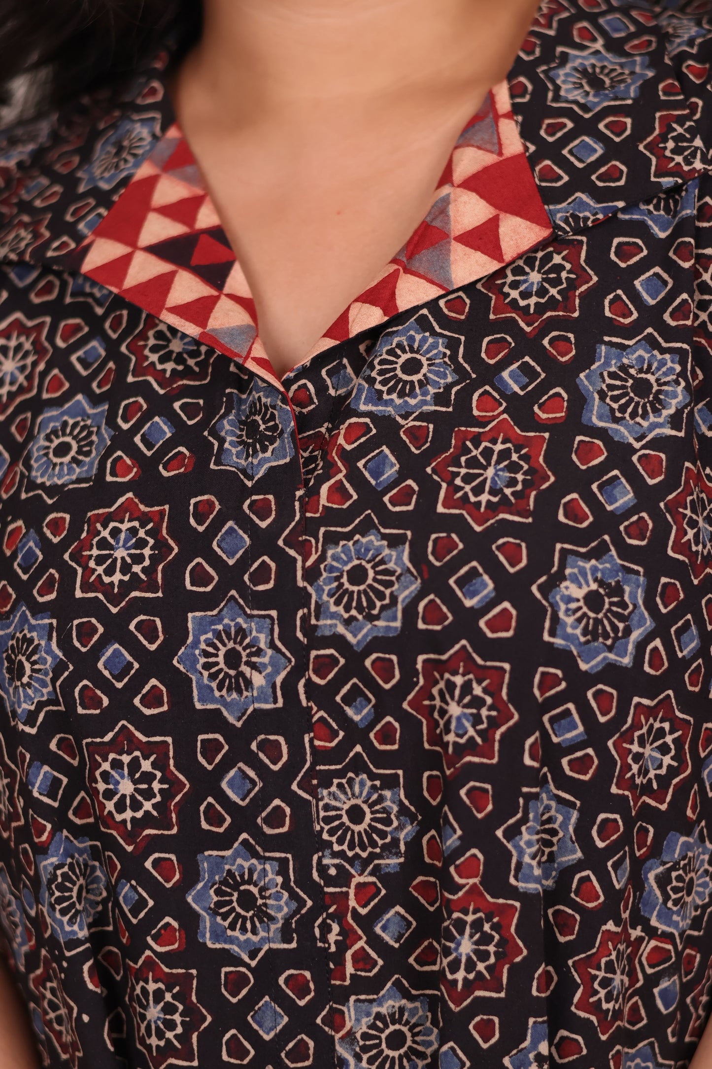 Black Ajrakh Handblock Printed Cotton Kaftan shirt dress – Elegant & Breathable Ethnic Wear | Looms & Tassels