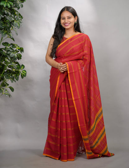 Red Narayanpet Cotton Saree | Looms & Tassels