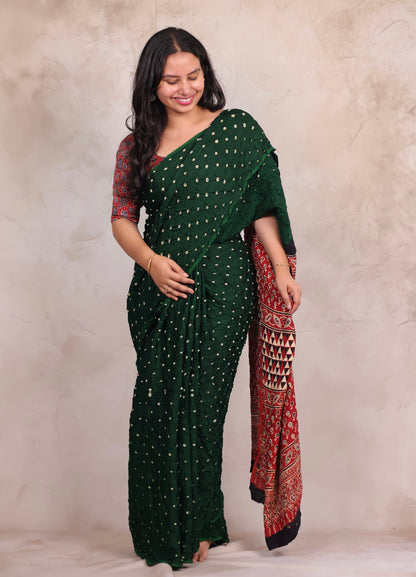 Bottle Green Hand Knotted Bandhej Modal Silk Saree with Ajrakh Pallu | Looms & Tassels