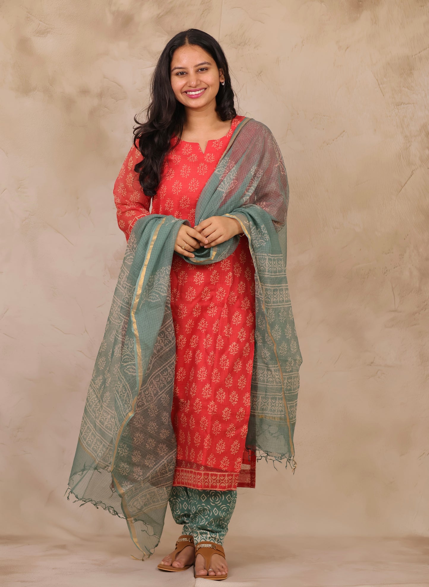 Red & Sea Green Handblock printed kota 3 piece suit (stitched)