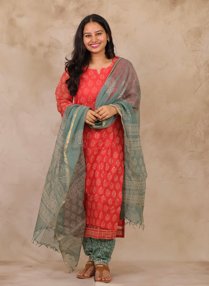 Red & Sea Green Handblock printed kota 3 piece suit (stitched)