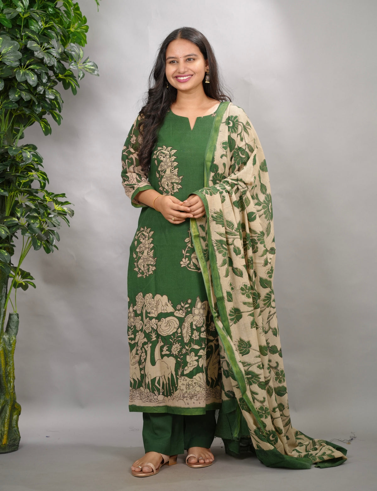 Green Kalamkari Kota Cotton 3 piece suit (stitched) | Looms & Tassels