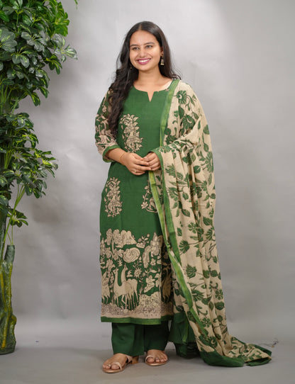 Green Kalamkari Kota Cotton 3 piece suit (stitched) | Looms & Tassels