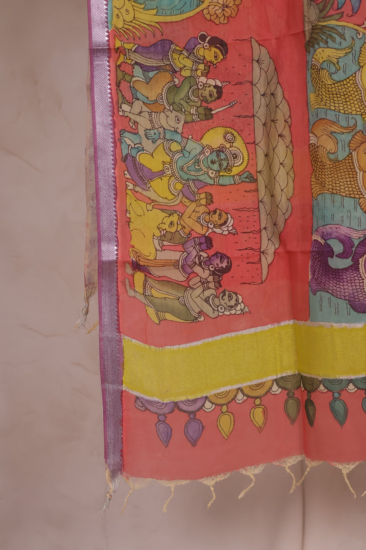 Peach Pen Kalamkari Mangalagiri silk Dupatta
