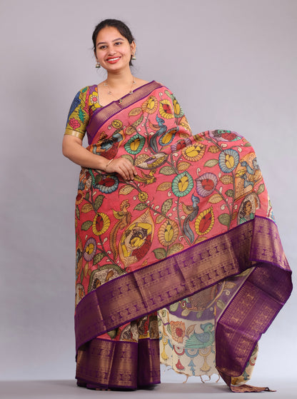 Pink Hand Painted Pen Kalamkari Silk Saree