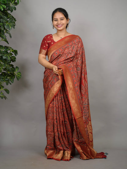 Maroon Ajrakh Handblock printed Dola Silk Saree| Looms & Tassels
