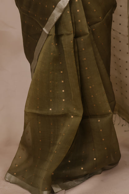 Olive Green Handwoven Muslin Silk Saree With Sequence Work | Looms & Tassels