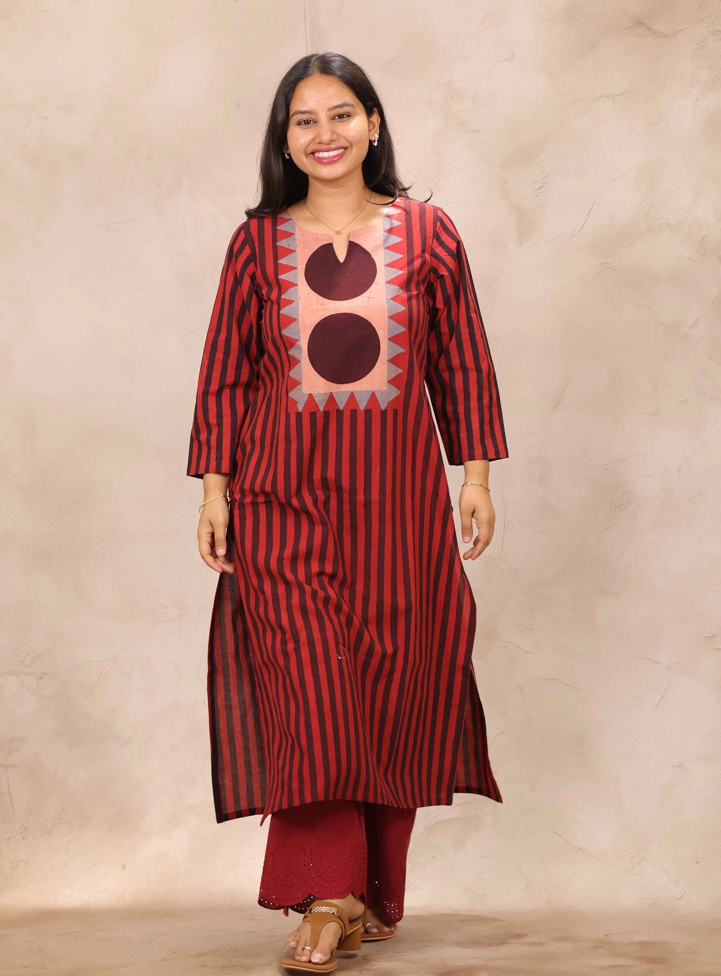 Red Contemporary Ajrakh Pattern Hand Block Cotton printed Kurti | Looms & Tassels