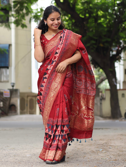 Contemporary Ajrakh Dola Silk Saree