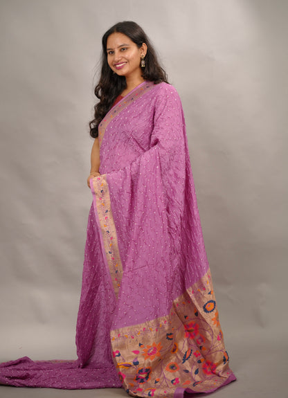 Lilac Handcrafted Bandhani Paithani Dola Silk Saree | Looms & Tassels
