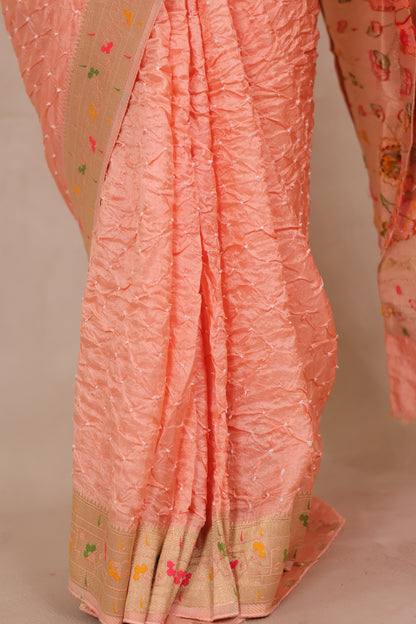 Peach Handcrafted Pattern Bandhani Paithani Dola Silk Saree | Looms & Tassels