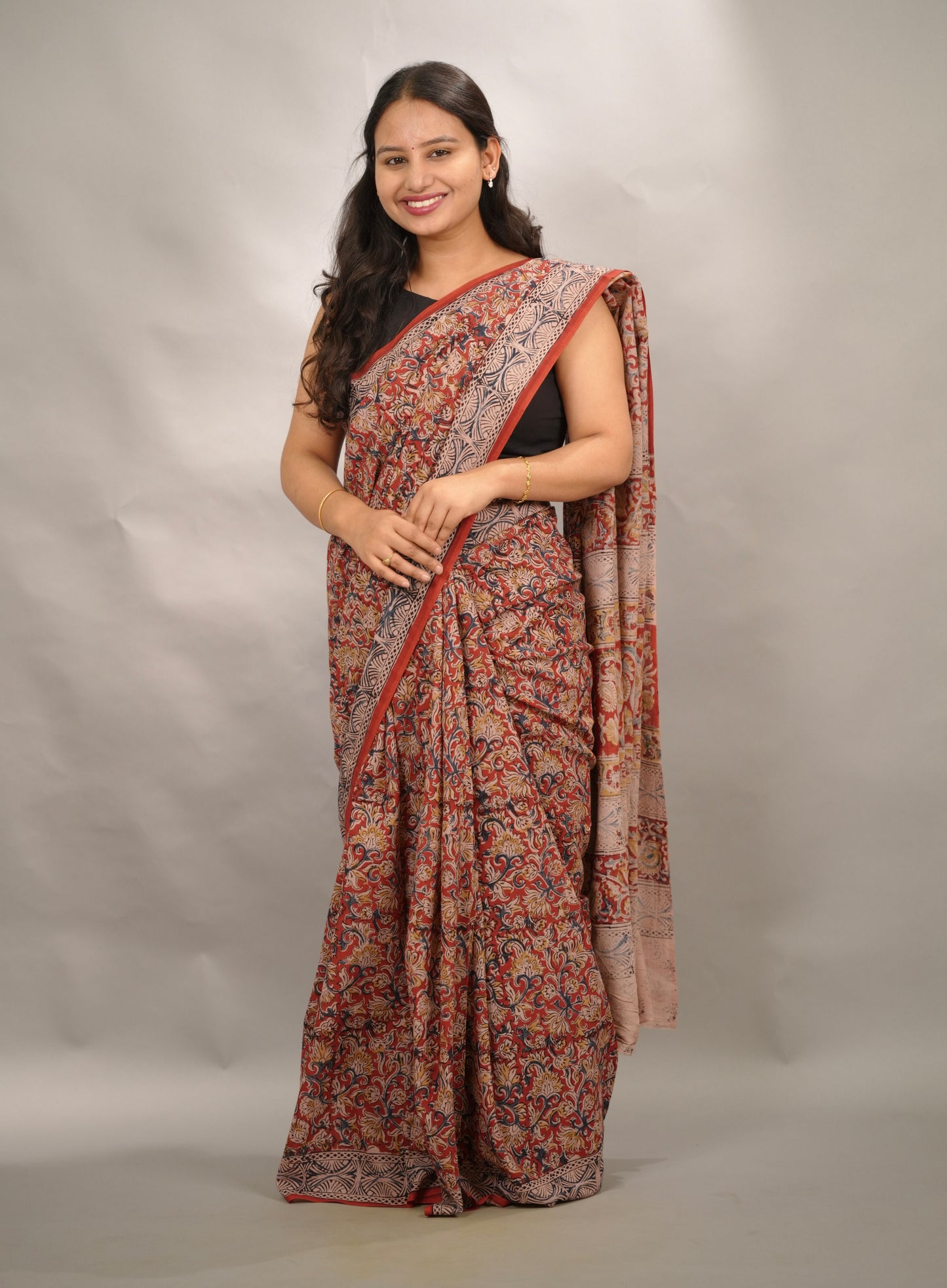 Red Hand Block Printed Kalamkari Cotton Saree | Looms & Tassels