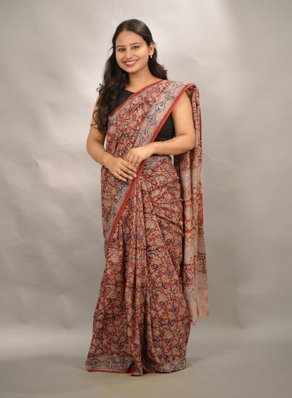 Red Hand Block Printed Kalamkari Cotton Saree | Looms & Tassels