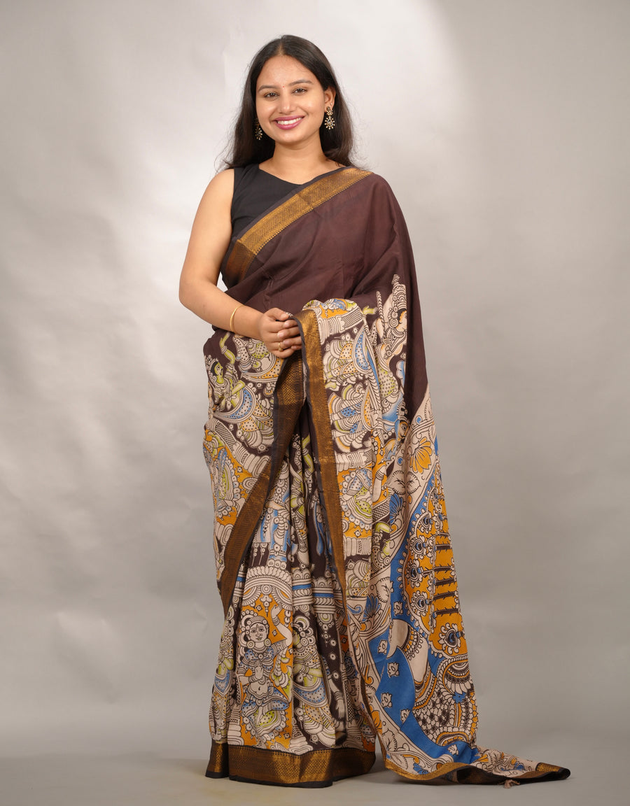 Brown Story Telling Kalamkari Nizam Border Chennur Silk Saree | Looms & Tassels