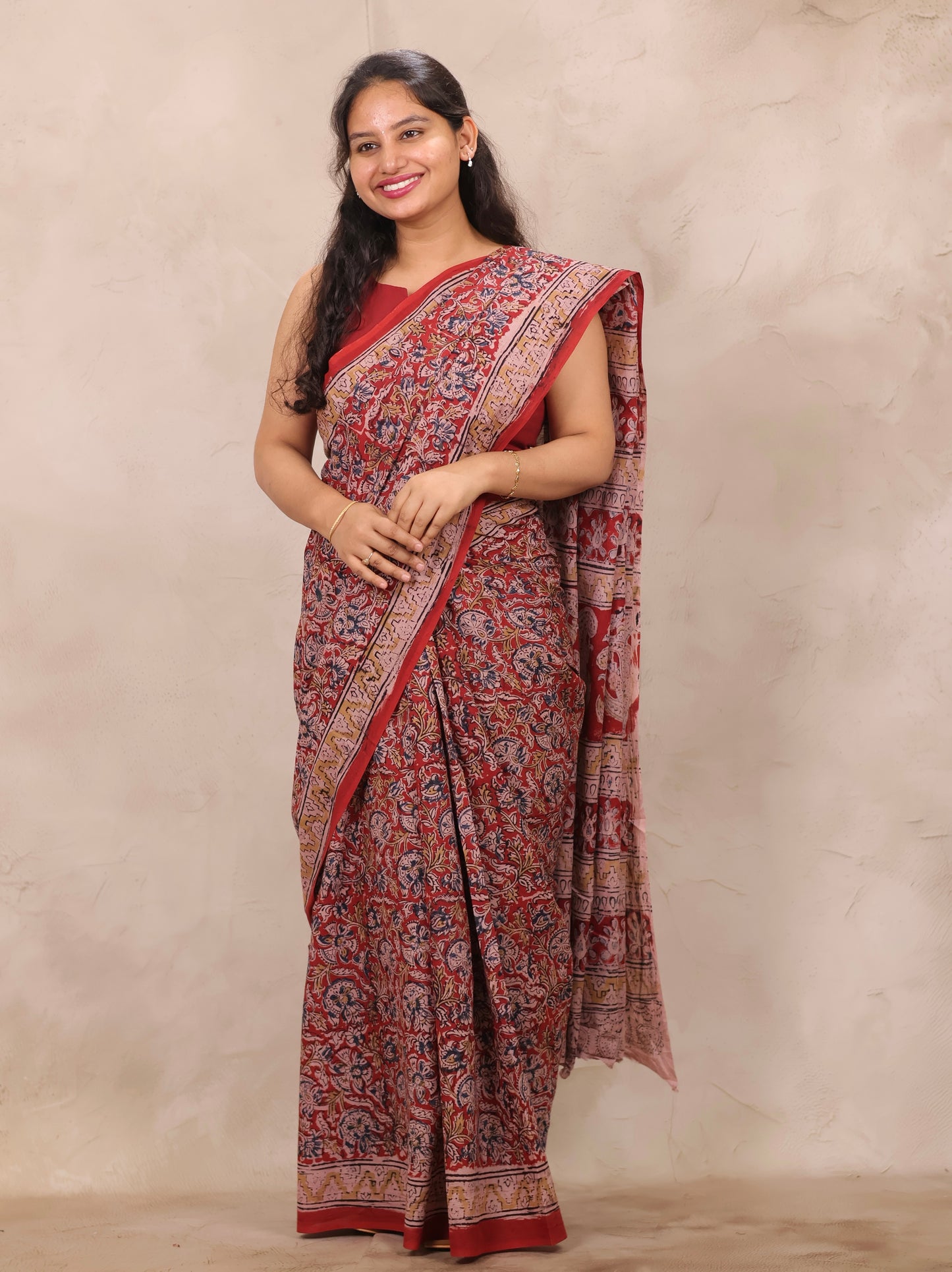 Red Hand Block Printed Kalamkari Cotton Saree | Looms & Tassels