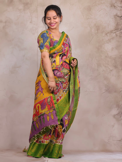 Hand Drawn Pen Kalamkari Lavender And Green Bangalore Silk Kanchi Border Saree | Looms & Tassels