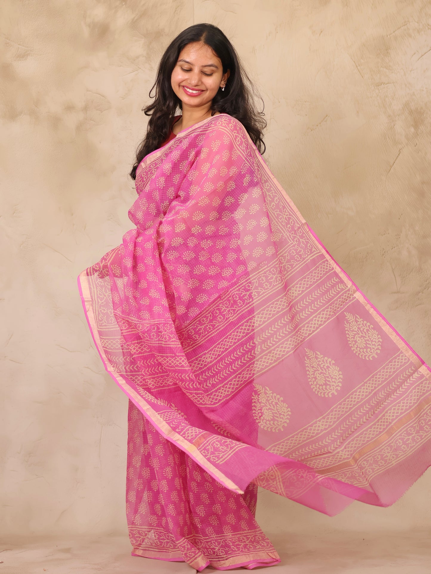 Pink Pure Kota Doria Saree with Bagru Handblock Prints | Looms & Tassels