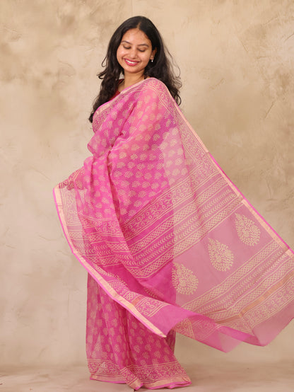 Pink Pure Kota Doria Saree with Bagru Handblock Prints | Looms & Tassels