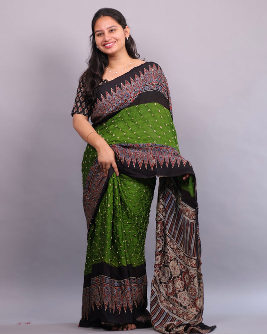 Parrot Green Hand Knotted Ajrakh Bandhej Modal Silk Saree | Looms & Tassels