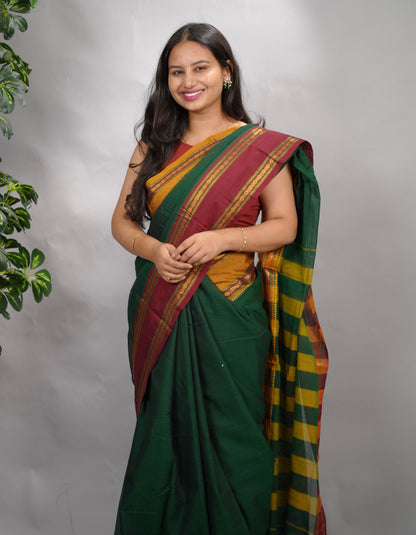 Green Narayanpet Cotton Saree With Ganga And Jamuna Border | Looms & Tassels
