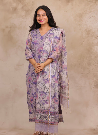 Lavender Handblock printed kota 3 piece suit (stitched)