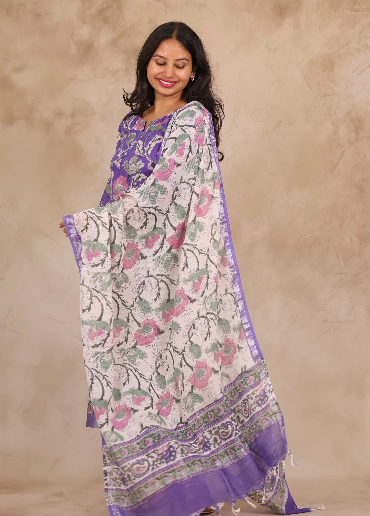 Lavender Linen Cotton Handblock printed 3 piece suit (stitched)
