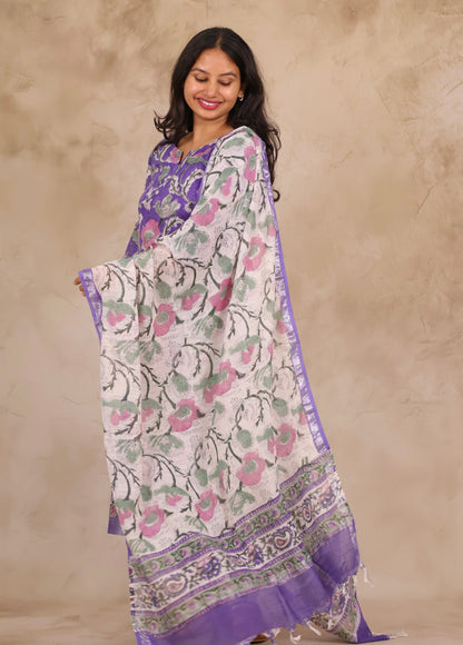 Lavender Linen Cotton Handblock printed 3 piece suit (stitched)