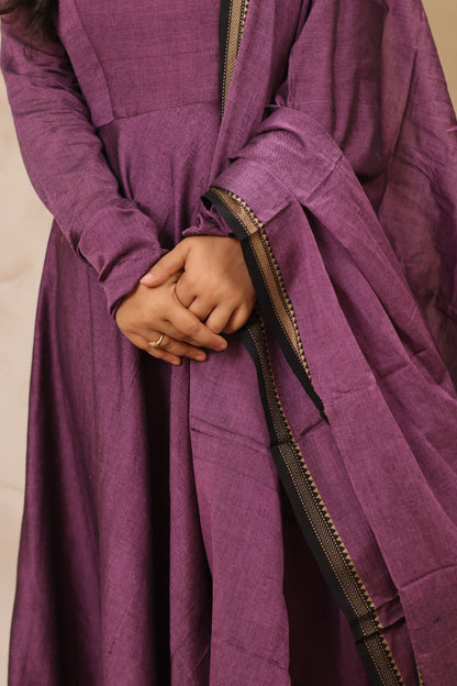 Lavender Narayanpet Cotton Anarkali Dress with Narayanpet Dupatta | Looms & Tassels